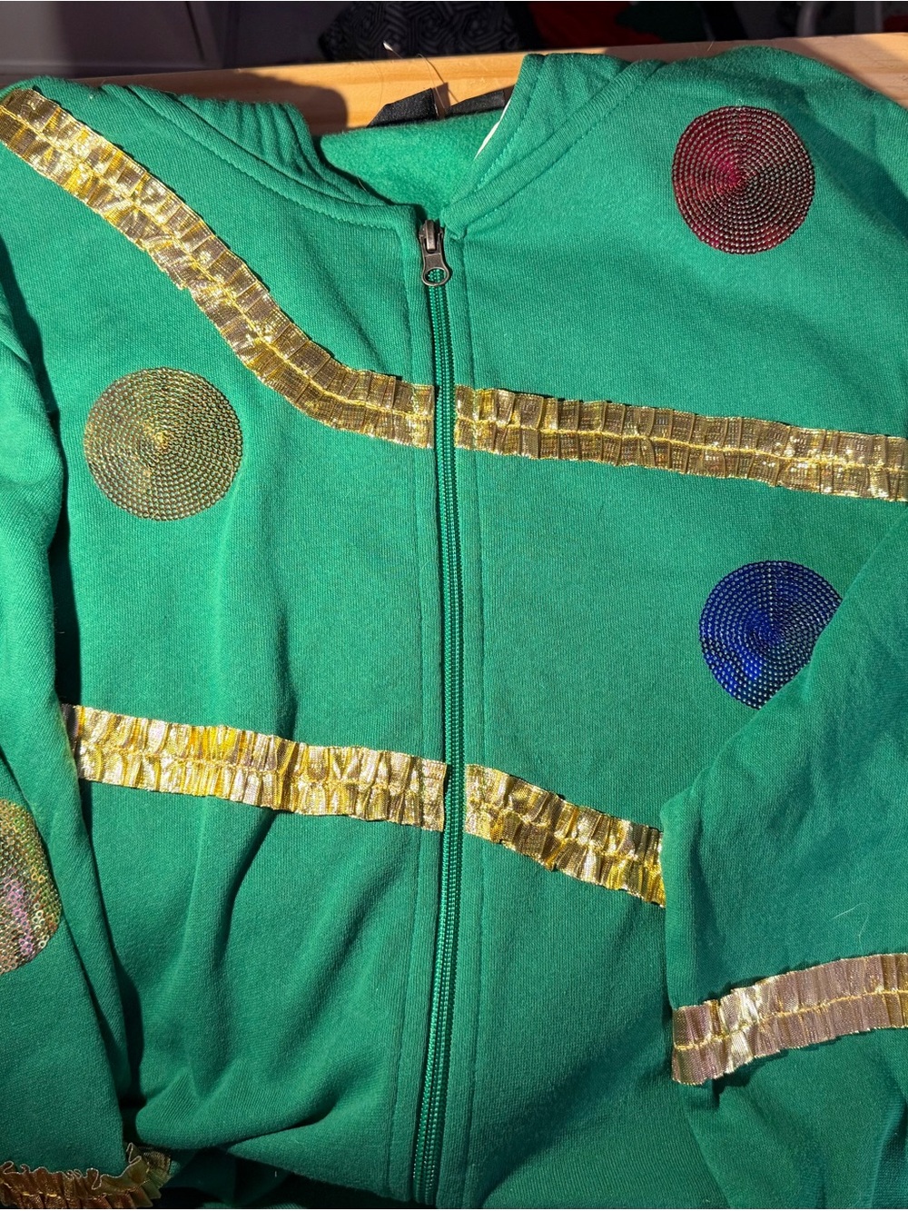 MAD Engine Green Zip-Up Jacket with Gold Ribbon and Multicolor Sequin Circles